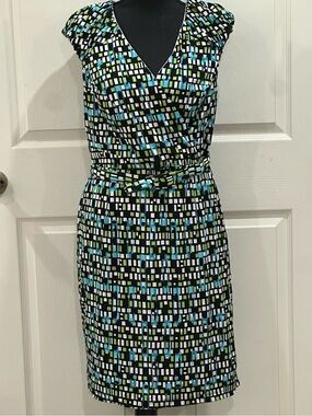Cato Black Wrap Midi Dress with Blue and Green Geo Print